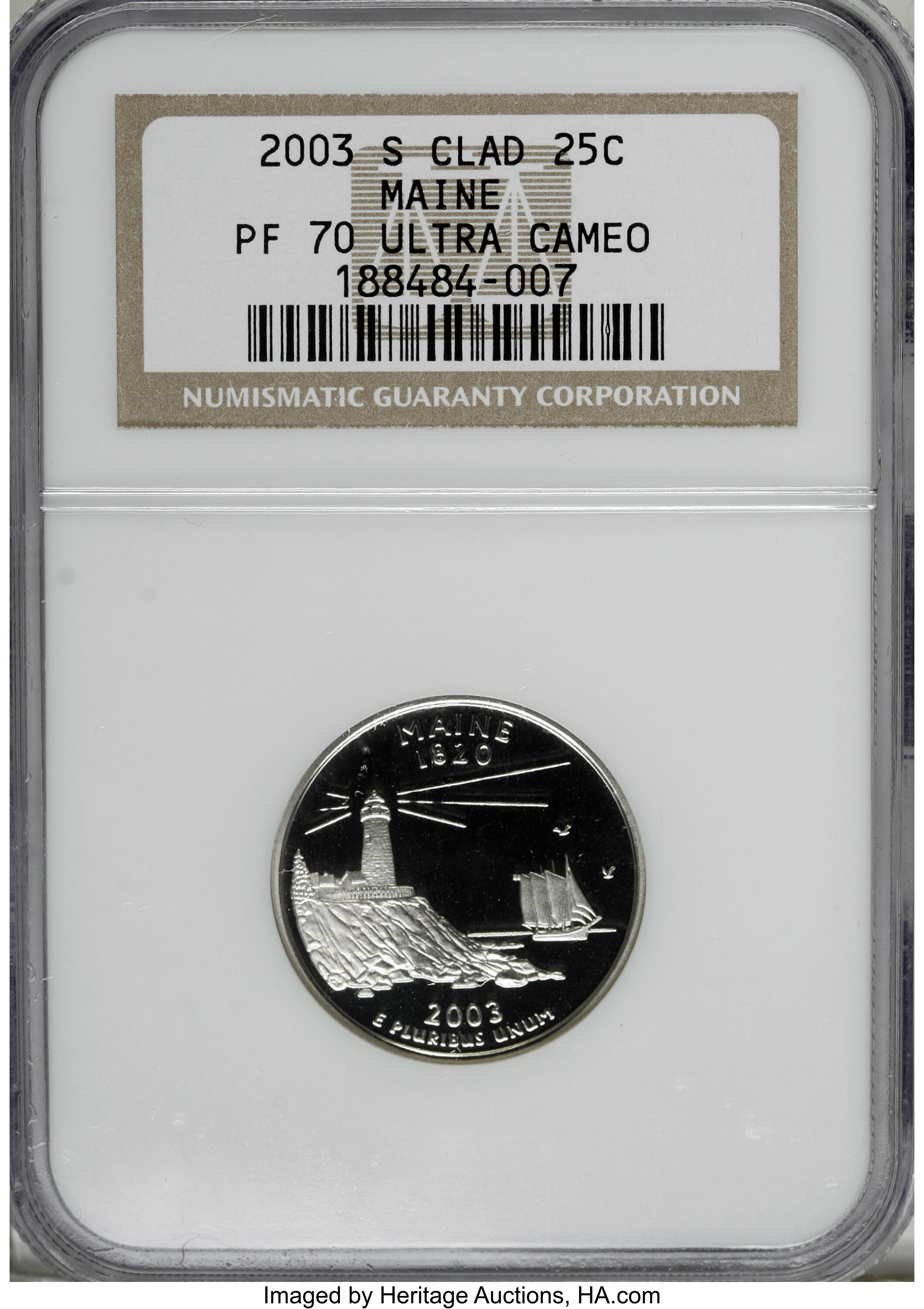 image for: 2003-S 25C Maine Clad PR70 Deep Cameo NGC. NGC Census: (0/0). PCGS Population (69/0).  Numismedia Wsl. Price for NGC/PCGS c...