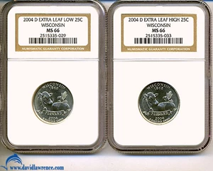image for: 2004-D 25c Wisconsin - Extra Leaf Low/High (2 coin) Set NGC MS66
