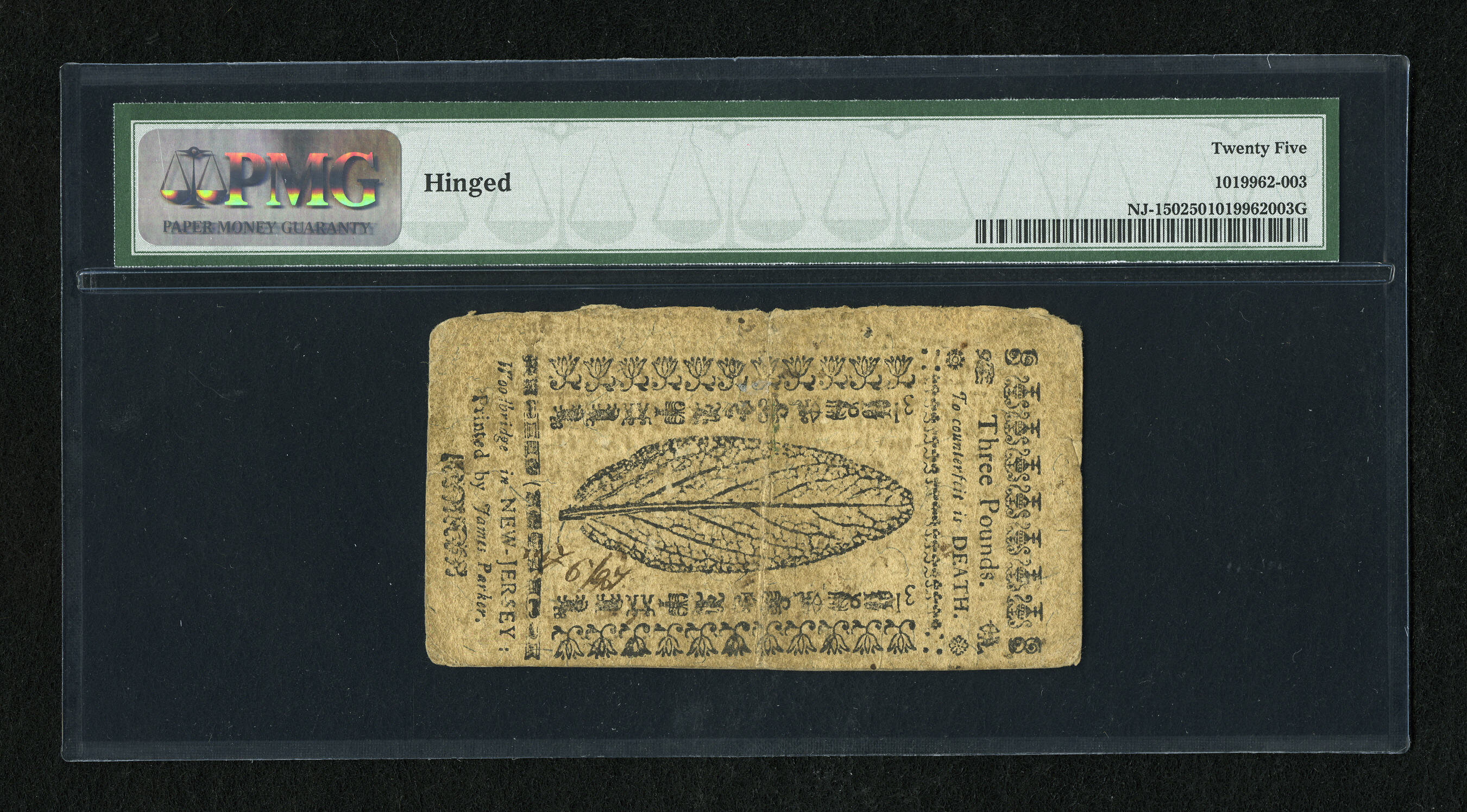 image for: New Jersey April 8, 1762 £3 PMG Very Fine 25.