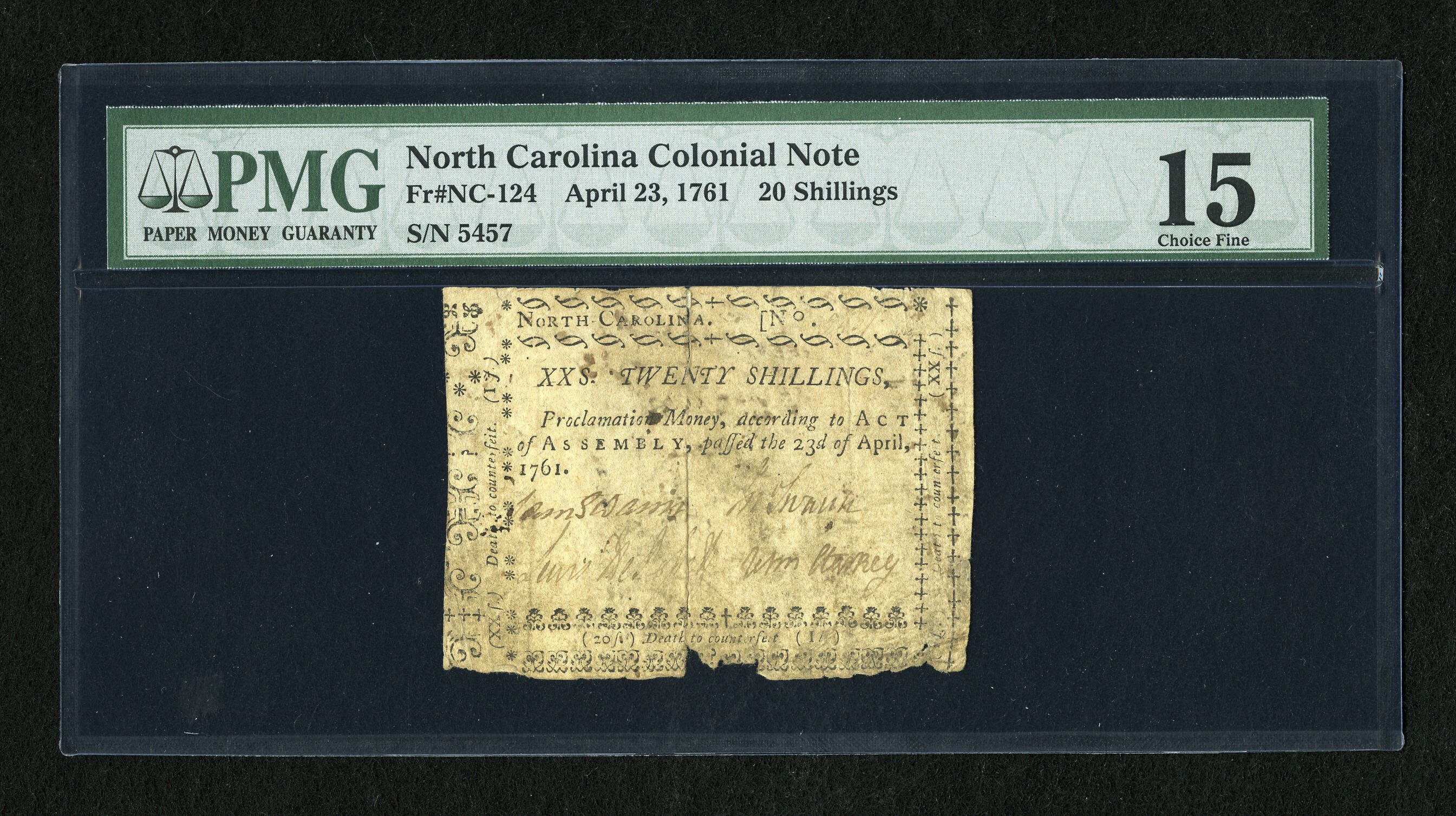 image for: North Carolina April 23, 1761 20s PMG Choice Fine 15.