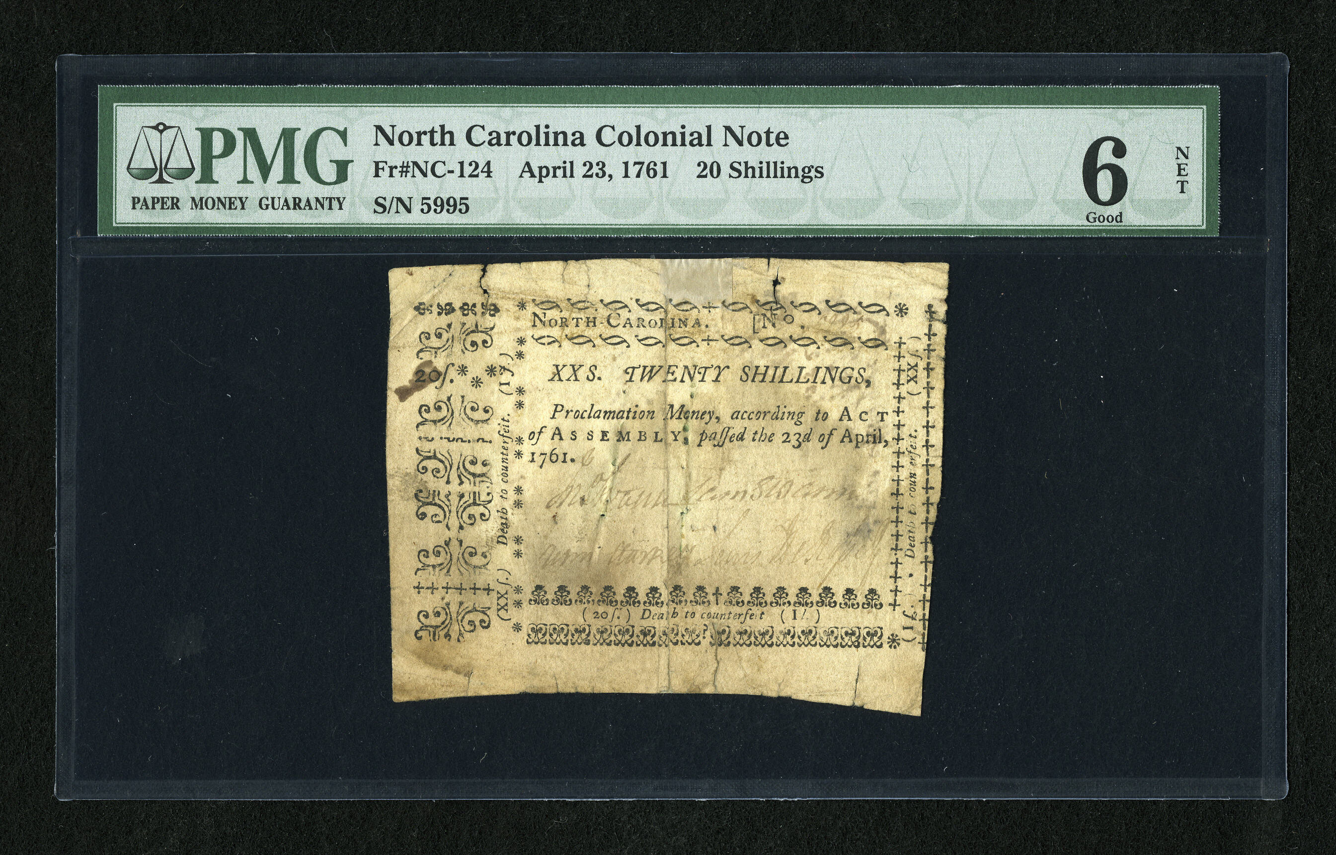 image for: North Carolina April 23, 1761 20s PMG Good 6 Net.