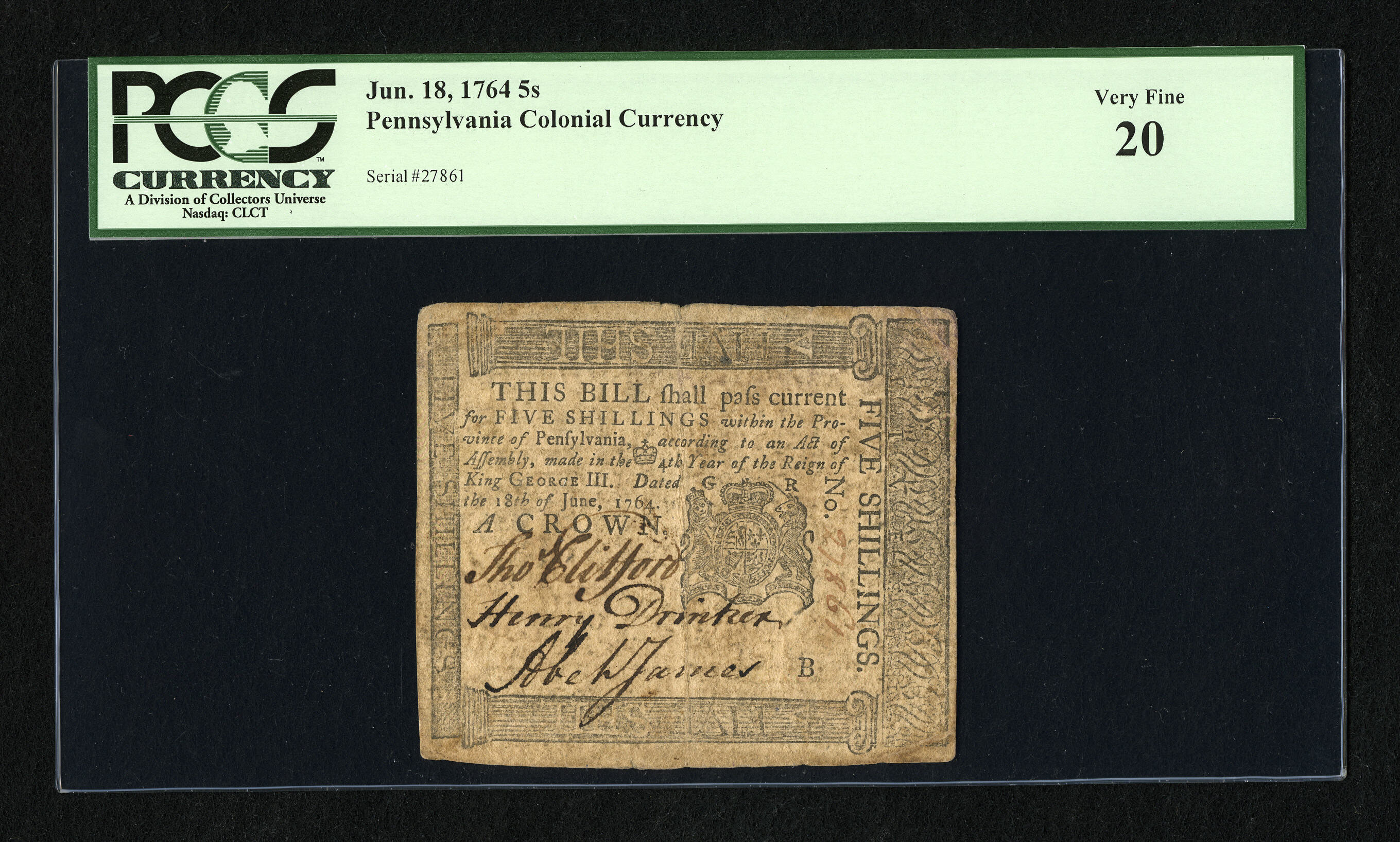 image for: Pennsylvania June 18, 1764 5s PCGS Very Fine 20. ...