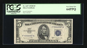 image for: Fr. 1657 $5 1953B Silver Certificate. PCGS Very Choice New 64PPQ.