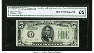 image for: Fr. 1956-G* $5 1934 Federal Reserve Star Note. CGA Gem Uncirculated 65....