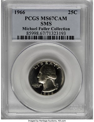 image for: 1966 25C SMS MS67 Cameo PCGS. Michael Fuller Collection. PCGS Population (74/6). NGC Census: (43/18). (#85998)...