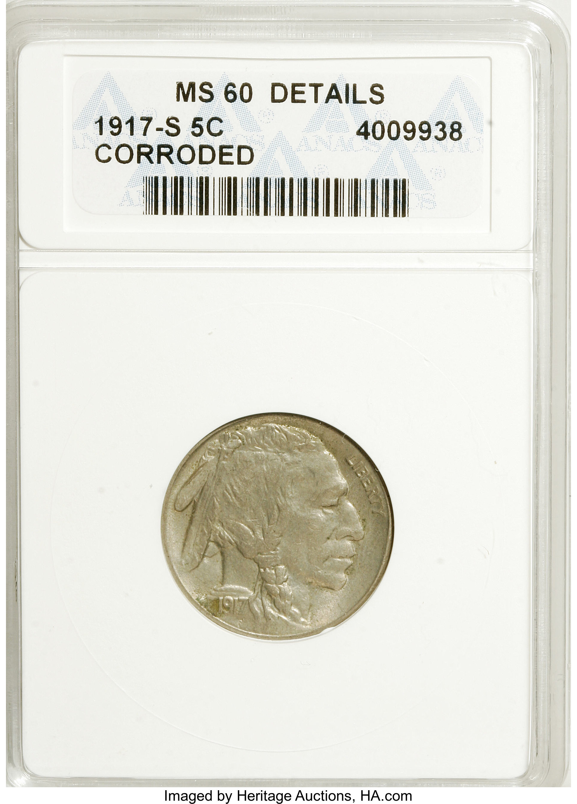 1917-S 5C --Corroded--ANACS. MS60 Details. NGC Census: (1/256). PCGS Population (4/395). Mintage: 4,193,000. Numismedia Wsl....
