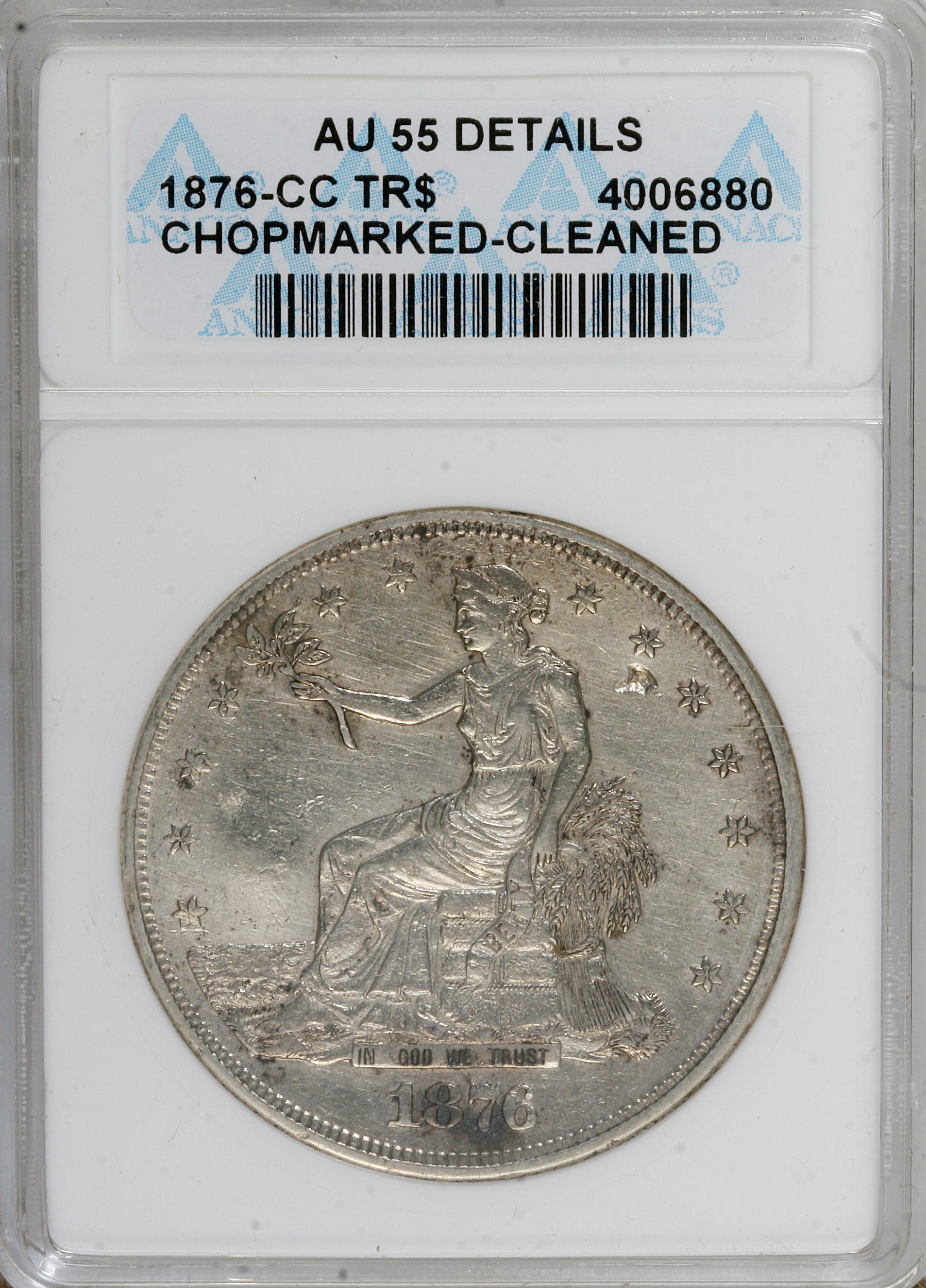 image for: 1876-CC T$1 Chop Mark--Cleaned--ANACS. AU55 Details. NGC Census: (0/0). PCGS Population (2/3).   (#87042)...