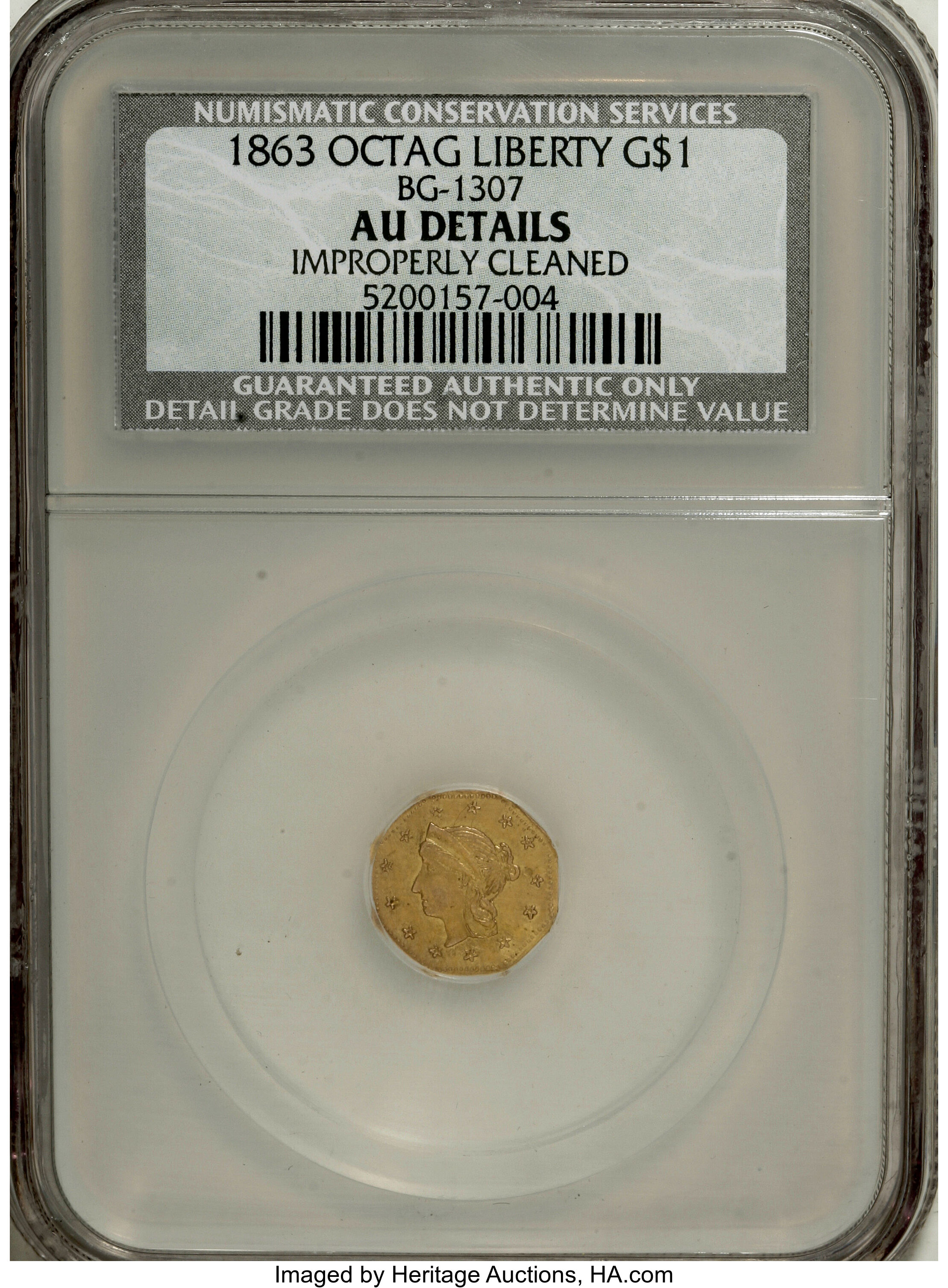 image for: 1863 G$1 Octag Liberty BG-1307--Improperly Cleaned--NCS. AU Details. ...