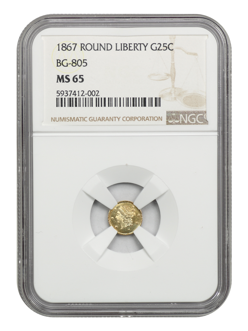 image for: 1867 Cal. Gold 25c NGC MS65 (BG-805)