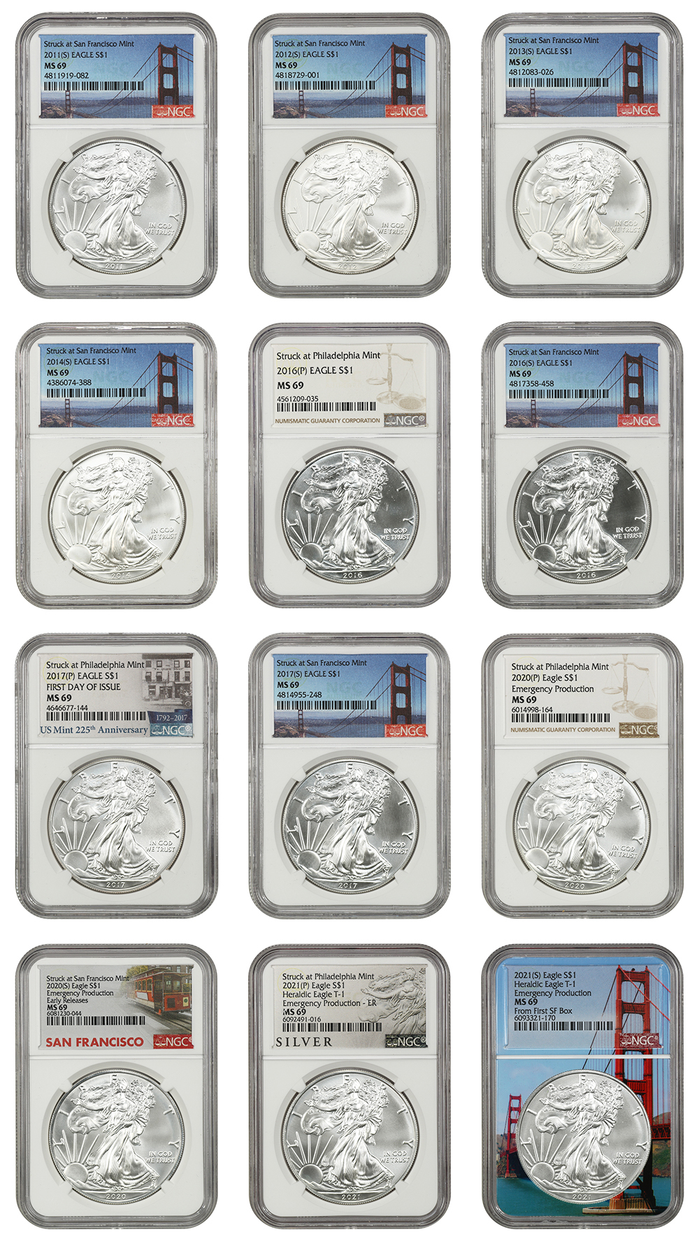 image for: Supplemental Set of Silver Eagles 2011-2021: All NGC MS69 (12 Coins Total)