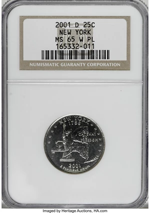 image for: 2001-D 25C New York W Prooflike MS65 NGC. NGC Census: (38/266). PCGS Population (286/1297). Numismedia Wsl. Price for NGC/...