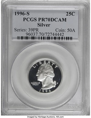image for: 1996-S 25C Silver PR70 Deep Cameo PCGS. PCGS Population (46/0). NGC Census: (48/0). Numismedia Wsl. Price for NGC/PCGS coi...