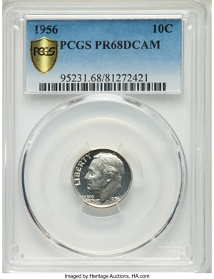image for: 1956 10C PR68 Deep Cameo PCGS. PCGS Population: (30/4 and 1/0+). NGC Census: (35/16 and 0/0+). PR68. ...