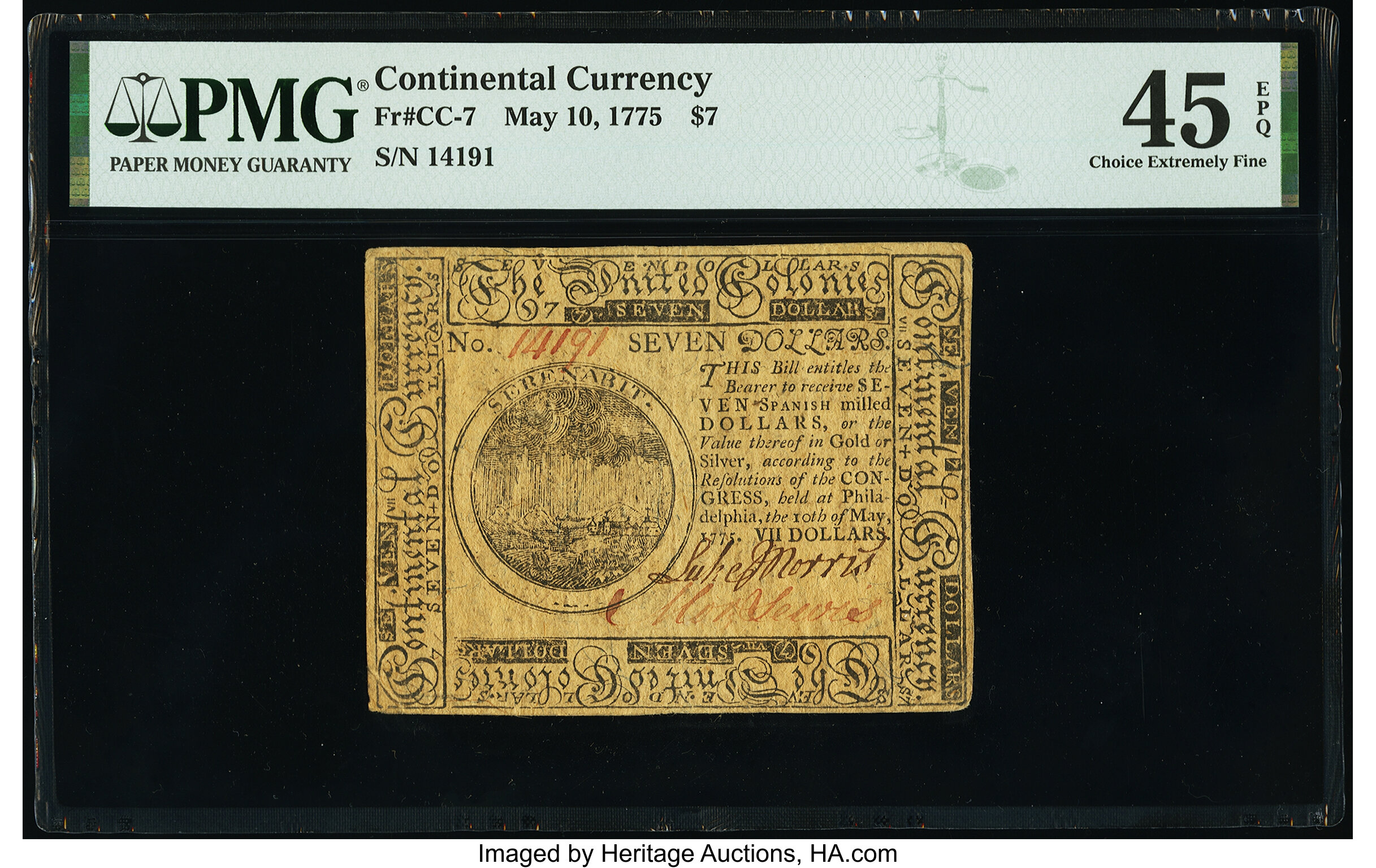 image for: Continental Currency May 10, 1775 $7 PMG Choice Extremely Fine 45 EPQ....