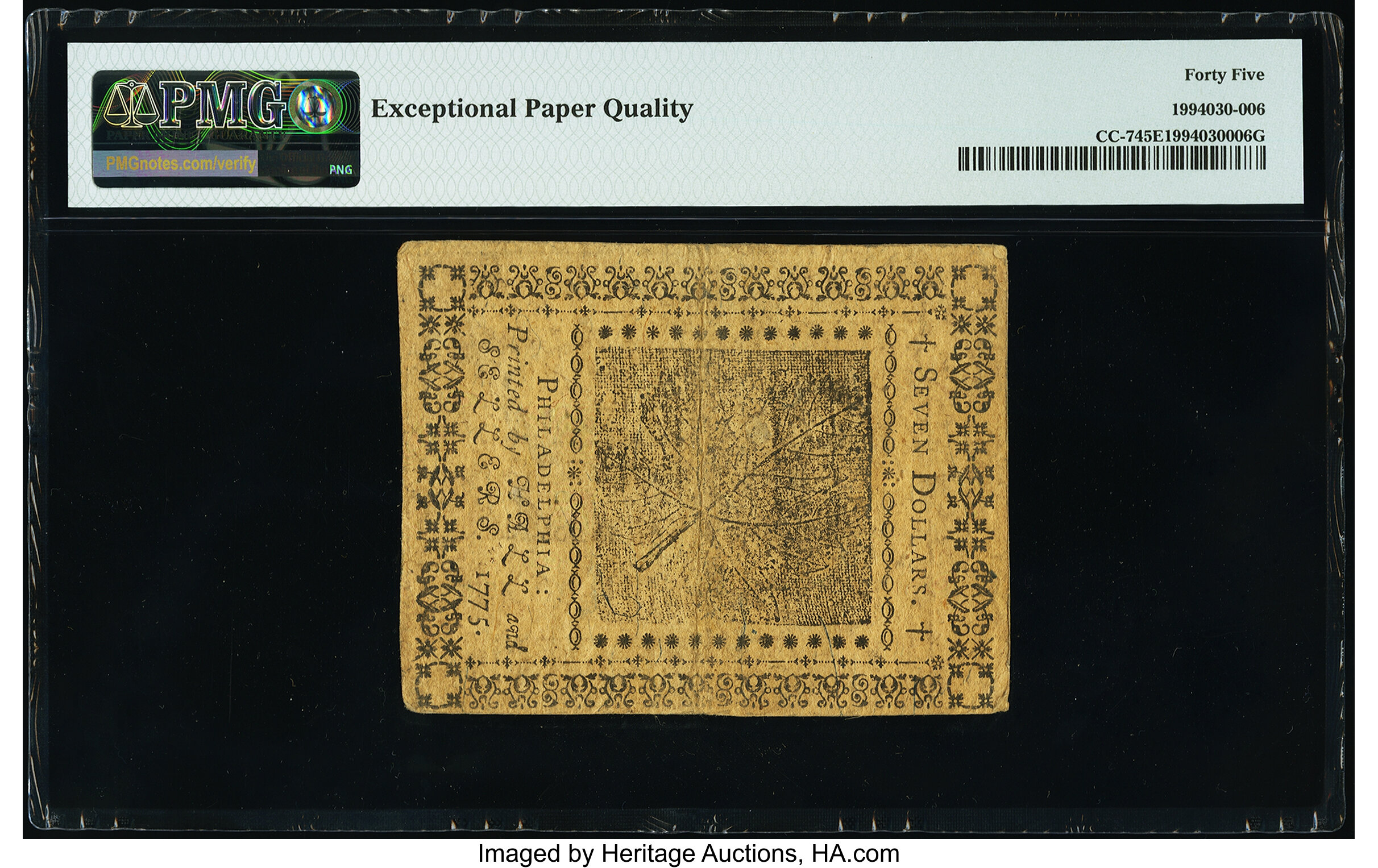 image for: Continental Currency May 10, 1775 $7 PMG Choice Extremely Fine 45 EPQ....