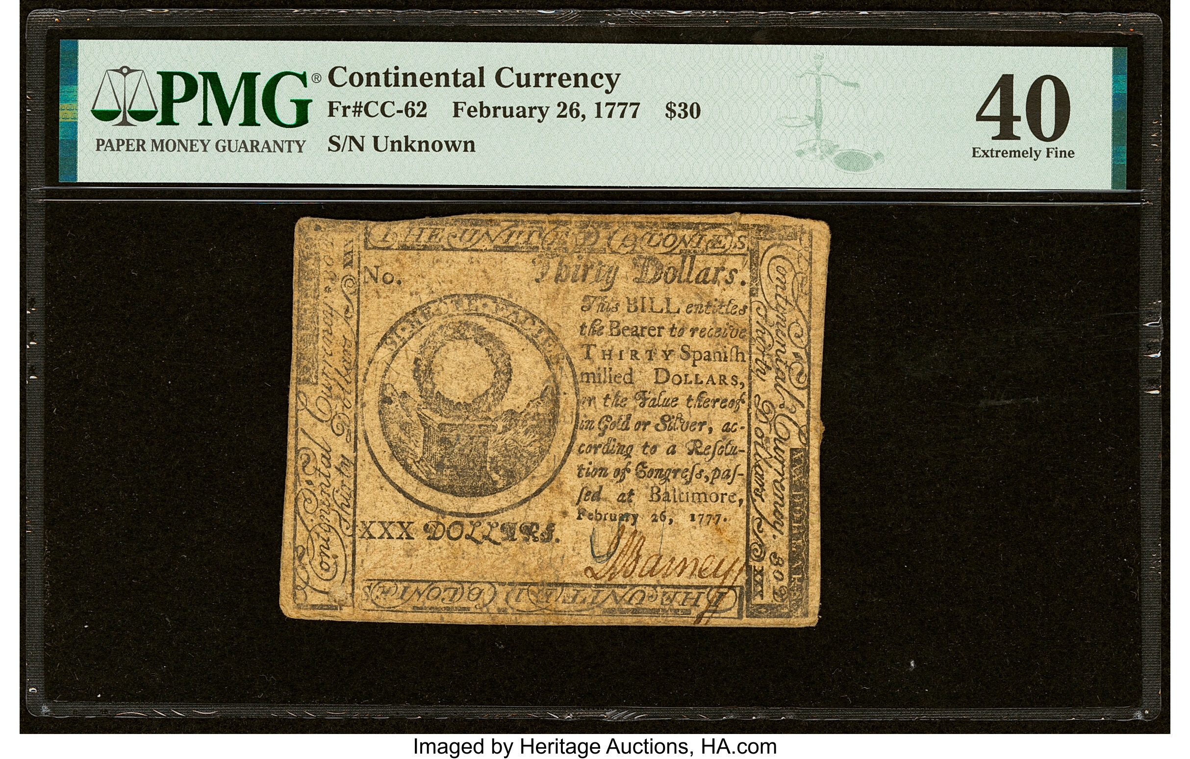 image for: Continental Currency February 26, 1777 $30 PMG Extremely Fine 40....