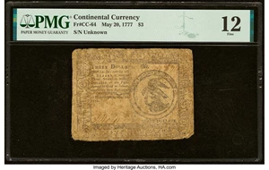 image for: Continental Currency May 20, 1777 $3 PMG Fine 12....