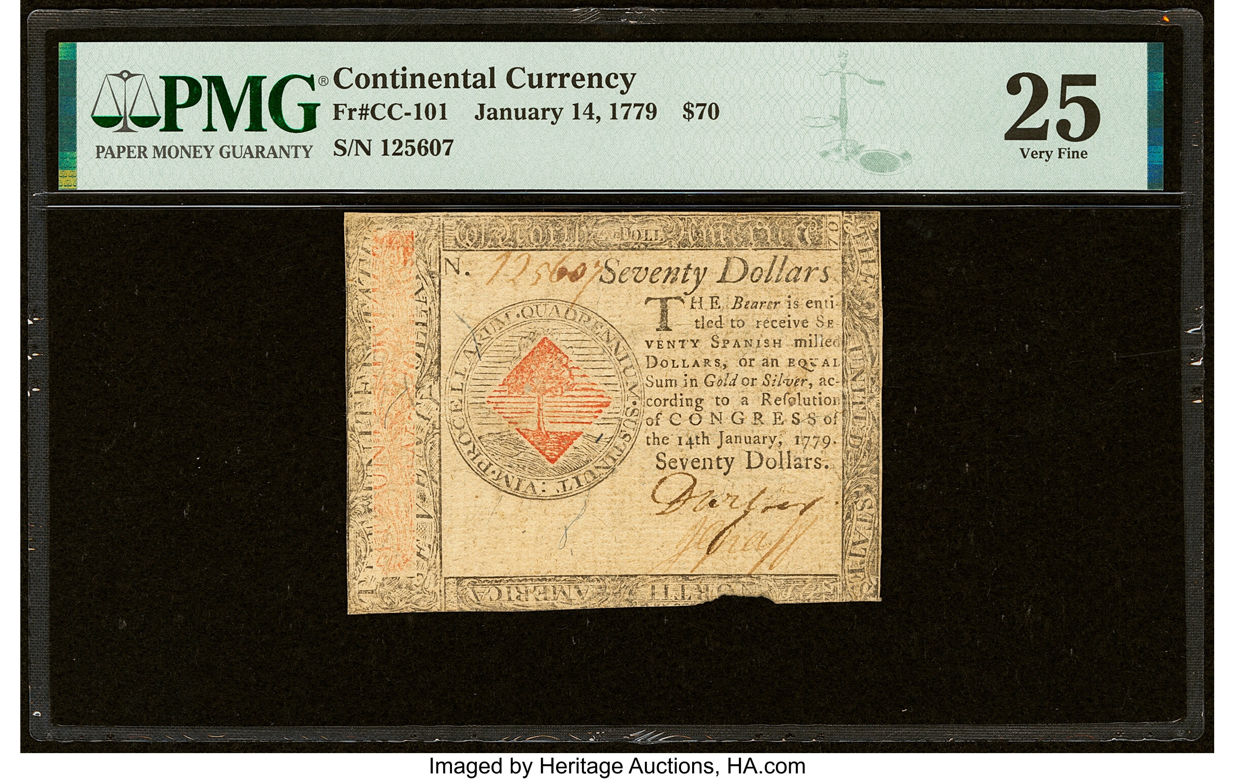 image for: Continental Currency January 14, 1779 $70 PMG Very Fine 25....