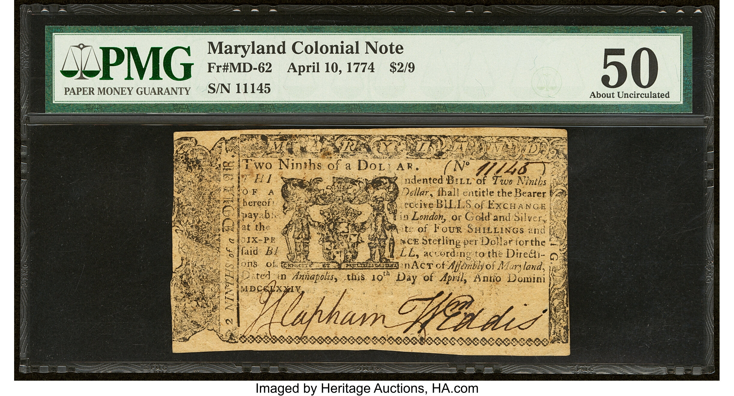 image for: Maryland April 10, 1774 $2/9 PMG About Uncirculated 50....