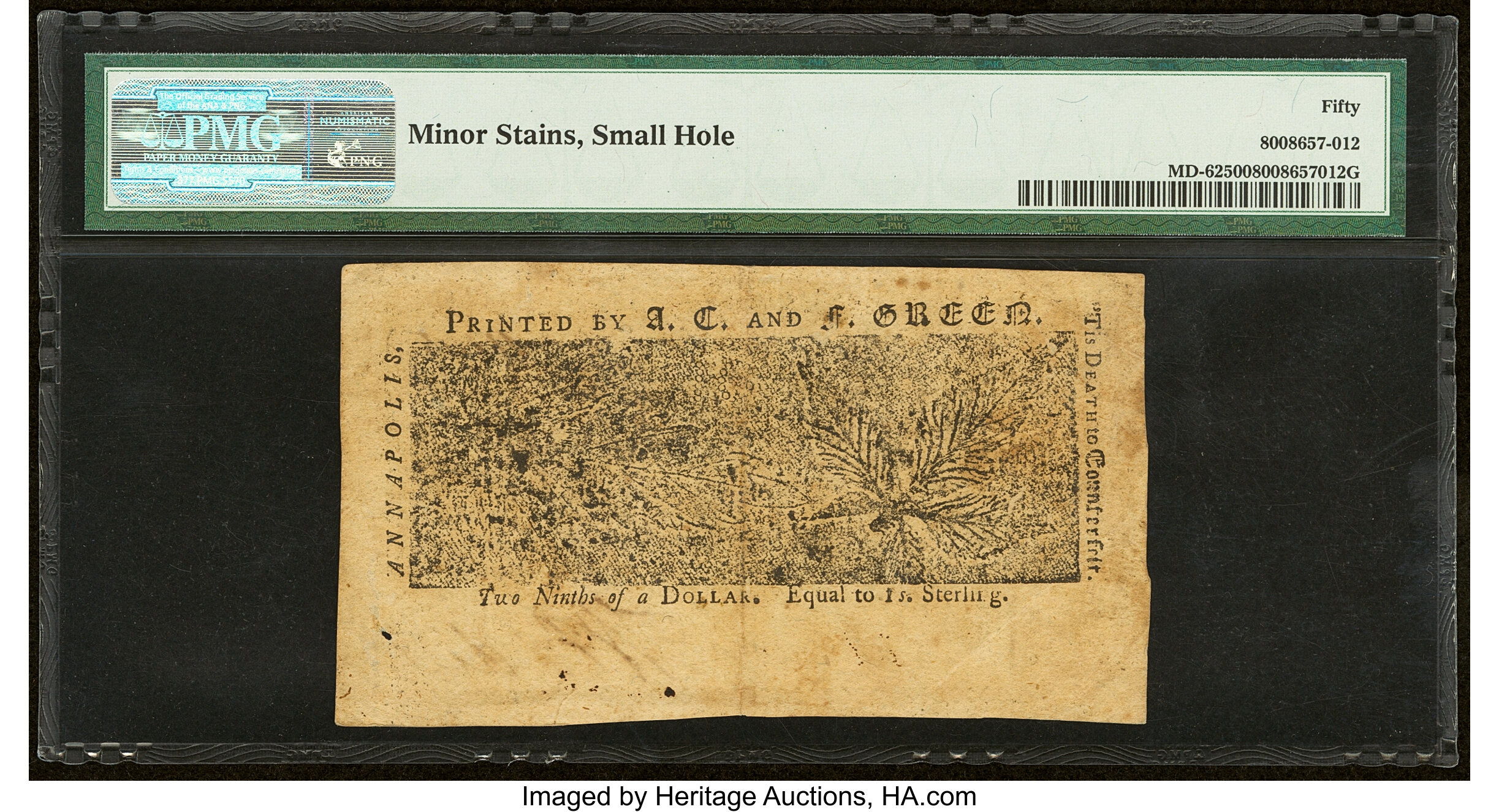image for: Maryland April 10, 1774 $2/9 PMG About Uncirculated 50....