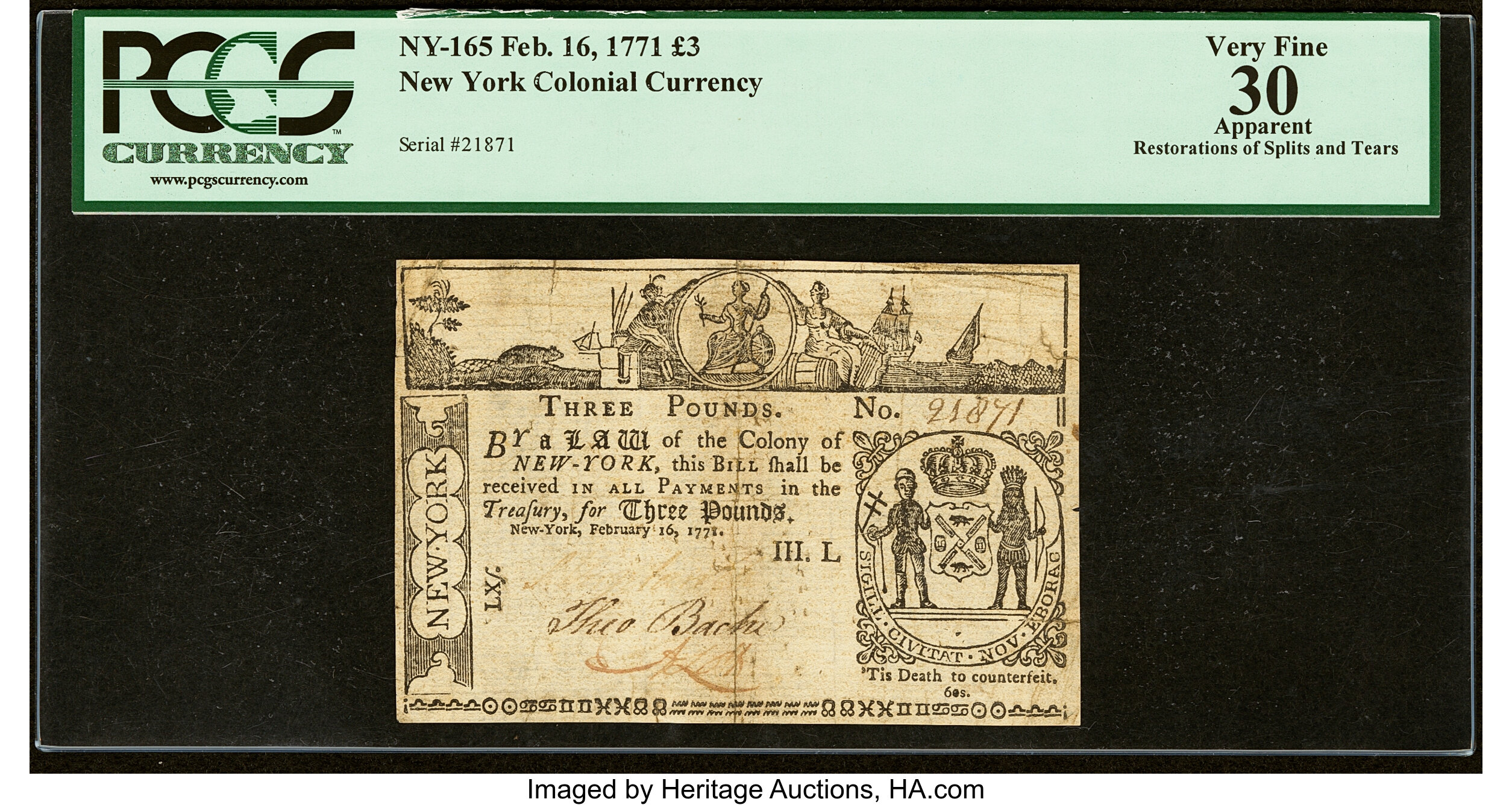 image for: New York February 16, 1771 £3 PCGS Apparent Very Fine 30....