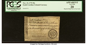 image for: South Carolina November 15, 1775 30s PCGS Apparent Very Fine 20....