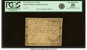 image for: South Carolina October 19, 1776 $6 PCGS Apparent Extremely Fine 40....