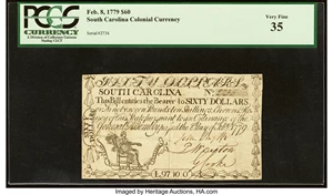image for: South Carolina February 8, 1779 $60 PCGS Very Fine 35....
