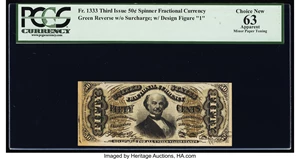image for: Fr. 1333 50¢ Third Issue Spinner PCGS Apparent Choice New 63....
