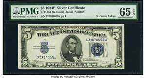 image for: Fr. 1652 $5 1934B Silver Certificate. PMG Gem Uncirculated 65 EPQ....