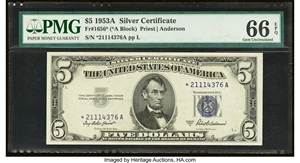 image for: Fr. 1656* $5 1953A Silver Certificate. PMG Gem Uncirculated 66 EPQ....