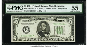 image for: Fr. 1956-E* $5 1934 Mule Federal Reserve Star Note. PMG About Uncirculated 55....