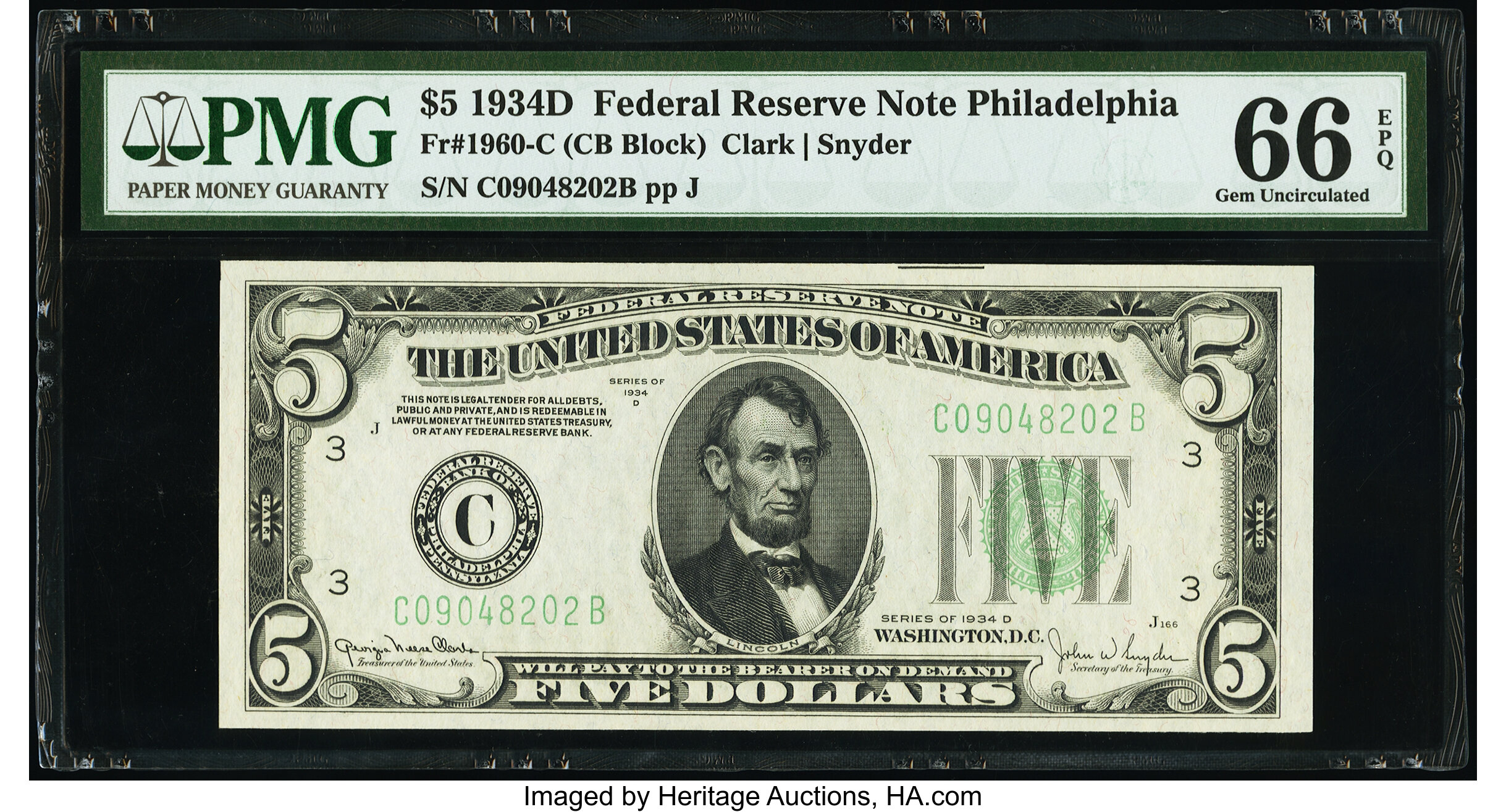 image for: Fr. 1960-C $5 1934D Federal Reserve Note. PMG Gem Uncirculated 66 EPQ....