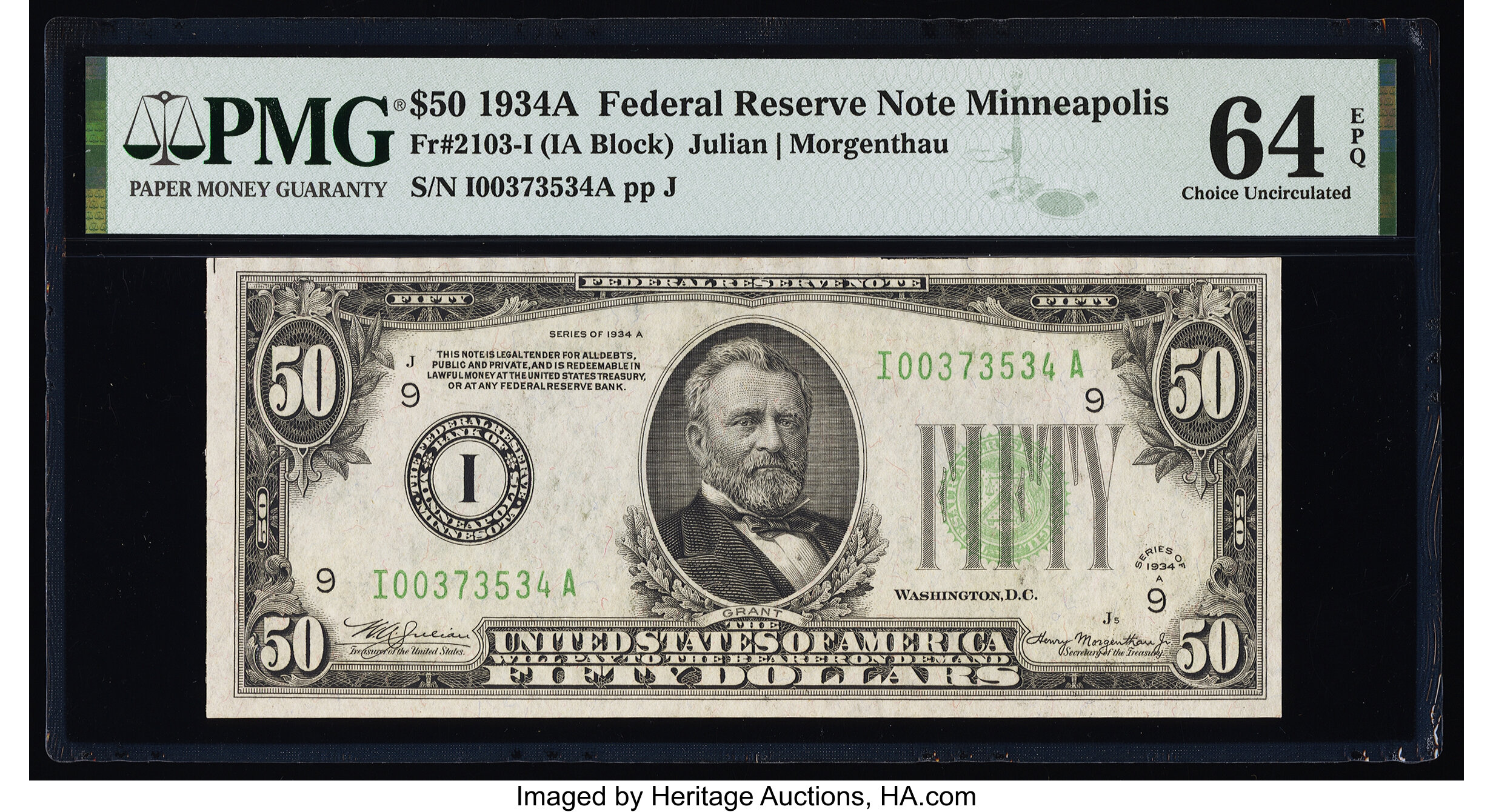 image for: Fr. 2103-I $50 1934A Federal Reserve Note. PMG Choice Uncirculated 64 EPQ....