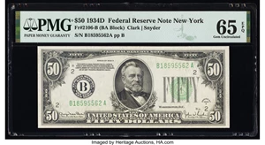image for: Fr. 2106-B $50 1934D Federal Reserve Note. PMG Gem Uncirculated 65 EPQ....