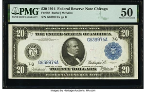 image for: Fr. 988 $20 1914 Federal Reserve Note PMG About Uncirculated 50....