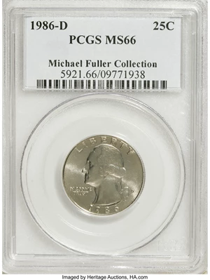 image for: 1986-D 25C MS66 PCGS. Ex: Michael Fuller Collection. PCGS Population (97/9). NGC Census: (48/27). Mintage: 504,298,656. (#...