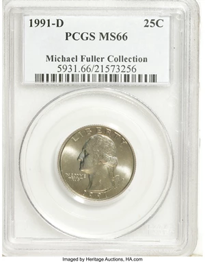 image for: 1991-D 25C MS66 PCGS. Ex: Michael Fuller Collection. PCGS Population (56/3). NGC Census: (11/2). Mintage: 630,966,720. (#5...