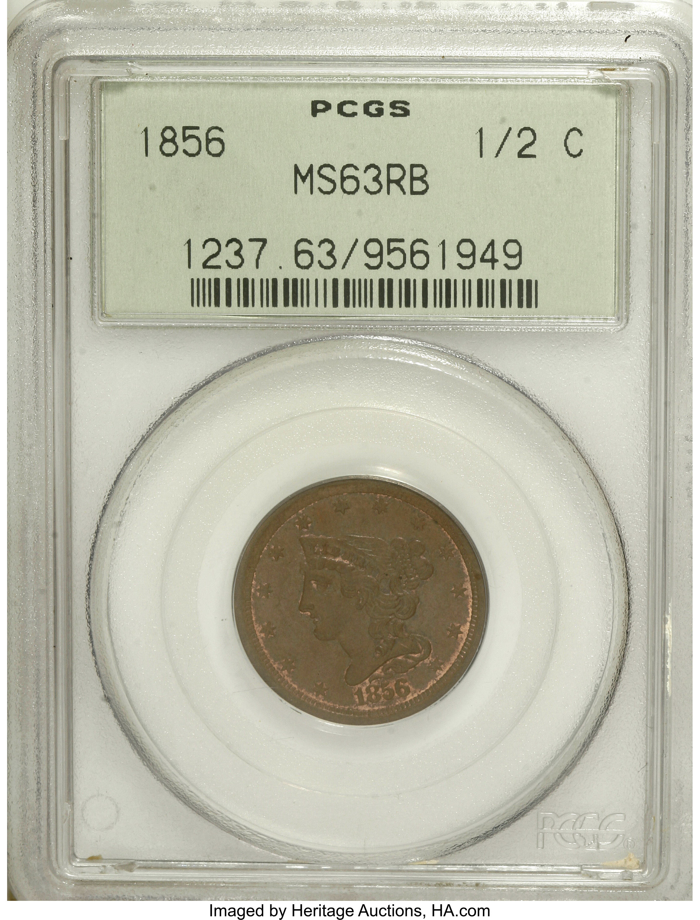 image for: 1856 1/2 C MS63 Red and Brown PCGS. PCGS Population (20/27). NGC Census: (12/23). Mintage: 40,430. Numismedia Wsl. Price fo...