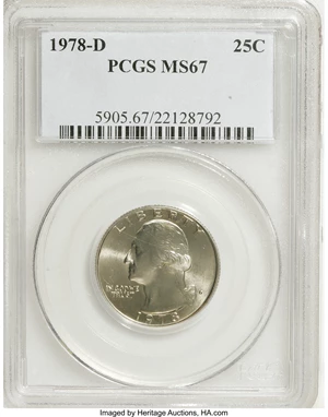 image for: 1978-D 25C MS67 PCGS. PCGS Population (27/0). NGC Census: (1/0). Mintage: 287,373,152. Numismedia Wsl. Price for NGC/PCGS c...