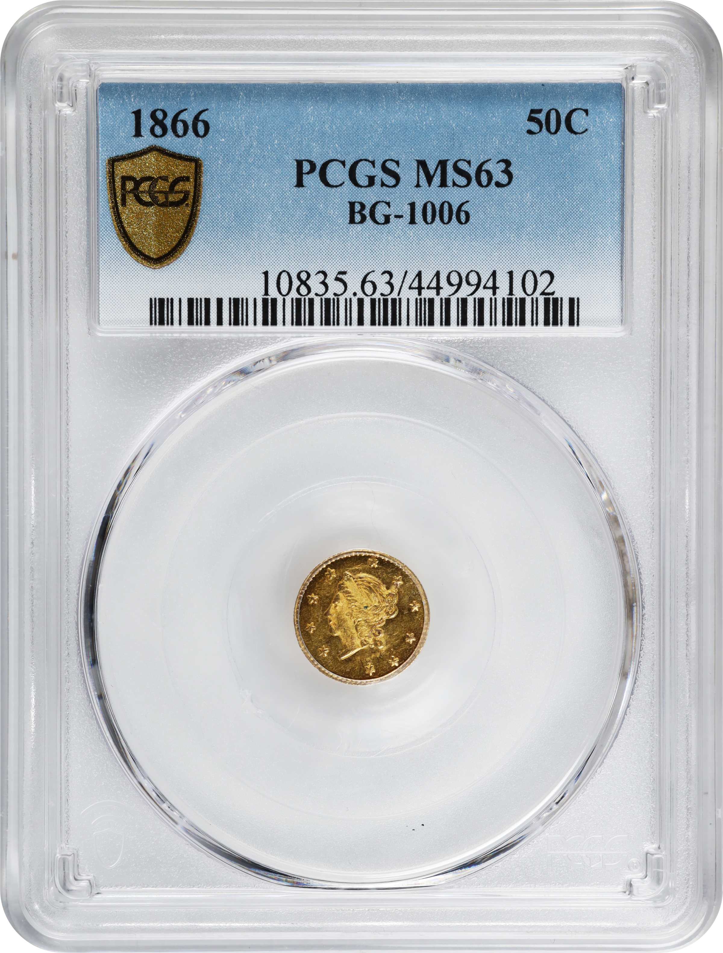 image for: 1866 Round 50 Cents. BG-1006. Rarity-5. Liberty Head. MS-63 (PCGS).