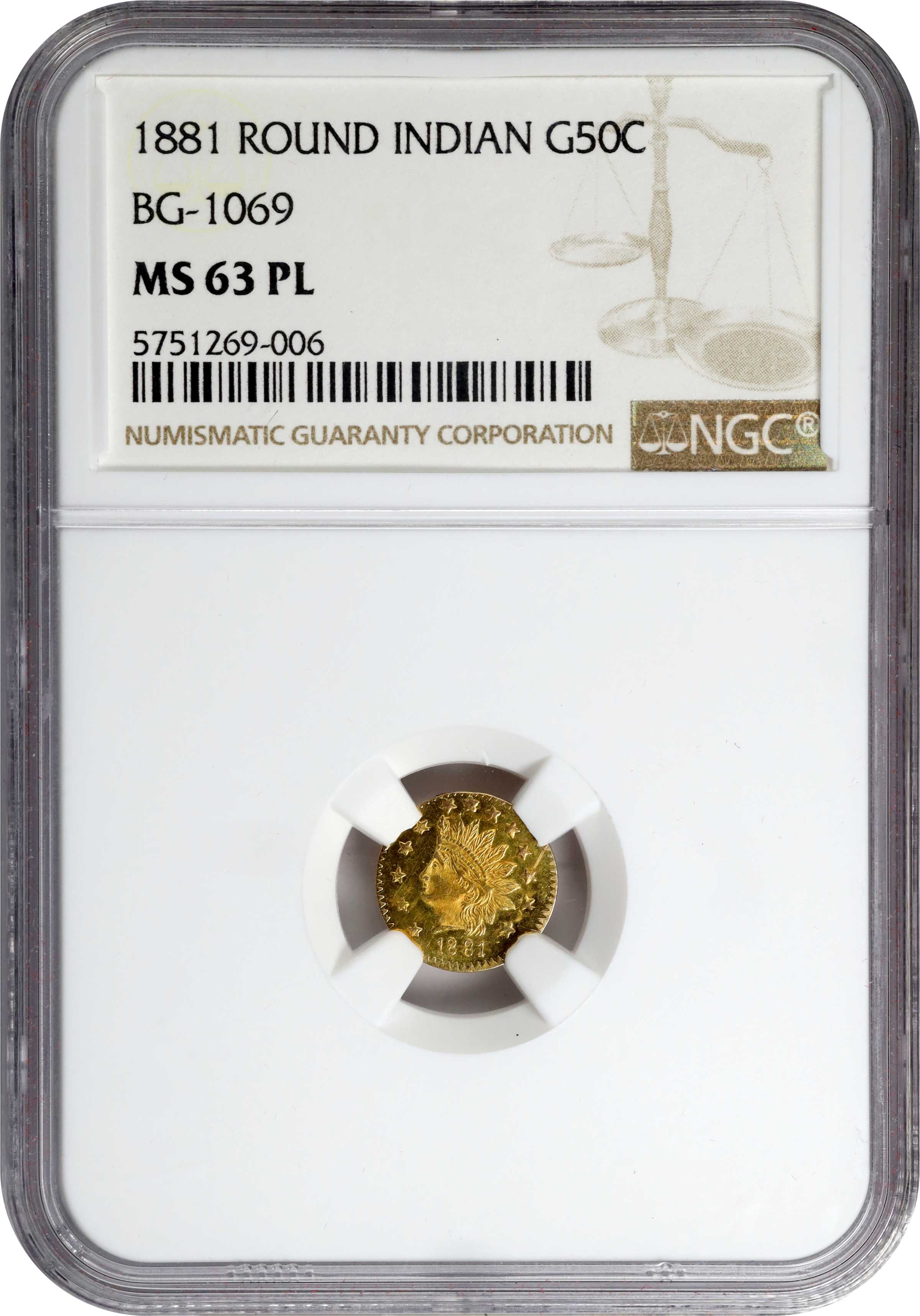 image for: 1881 Round 50 Cents. BG-1069. Rarity-4+. Indian Head. MS-63 PL (NGC).