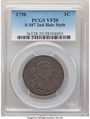 image for: 1798 1C Second Hair Style, S-187, B-40, R.1, VF20 PCGS. PCGS Population: (2/22). NGC Census: (0/13). CDN: $600 Whsle. Bid f...
