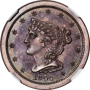 image for: 1844 Braided Hair Half Cent. Second Restrike. B-3. Rarity-6. Small Berries, Reverse of 1840. Proof-66 BN (NGC).