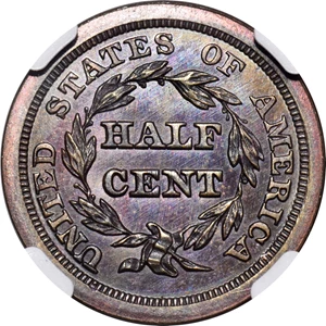image for: 1844 Braided Hair Half Cent. Second Restrike. B-3. Rarity-6. Small Berries, Reverse of 1840. Proof-66 BN (NGC).