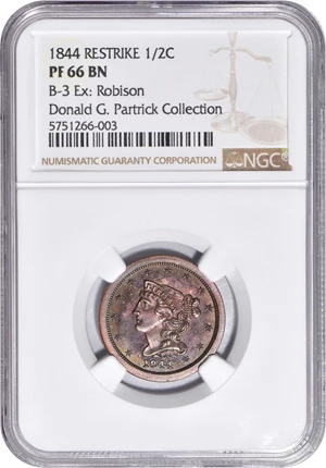 image for: 1844 Braided Hair Half Cent. Second Restrike. B-3. Rarity-6. Small Berries, Reverse of 1840. Proof-66 BN (NGC).