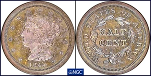 image for: 1844 Braided Hair Half Cent. Second Restrike. B-3. Rarity-6. Small Berries, Reverse of 1840. Proof-66 BN (NGC).