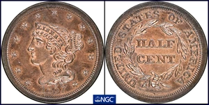image for: 1857 Braided Hair Half Cent. B-2. Rarity-4. Proof-66 RB (NGC).