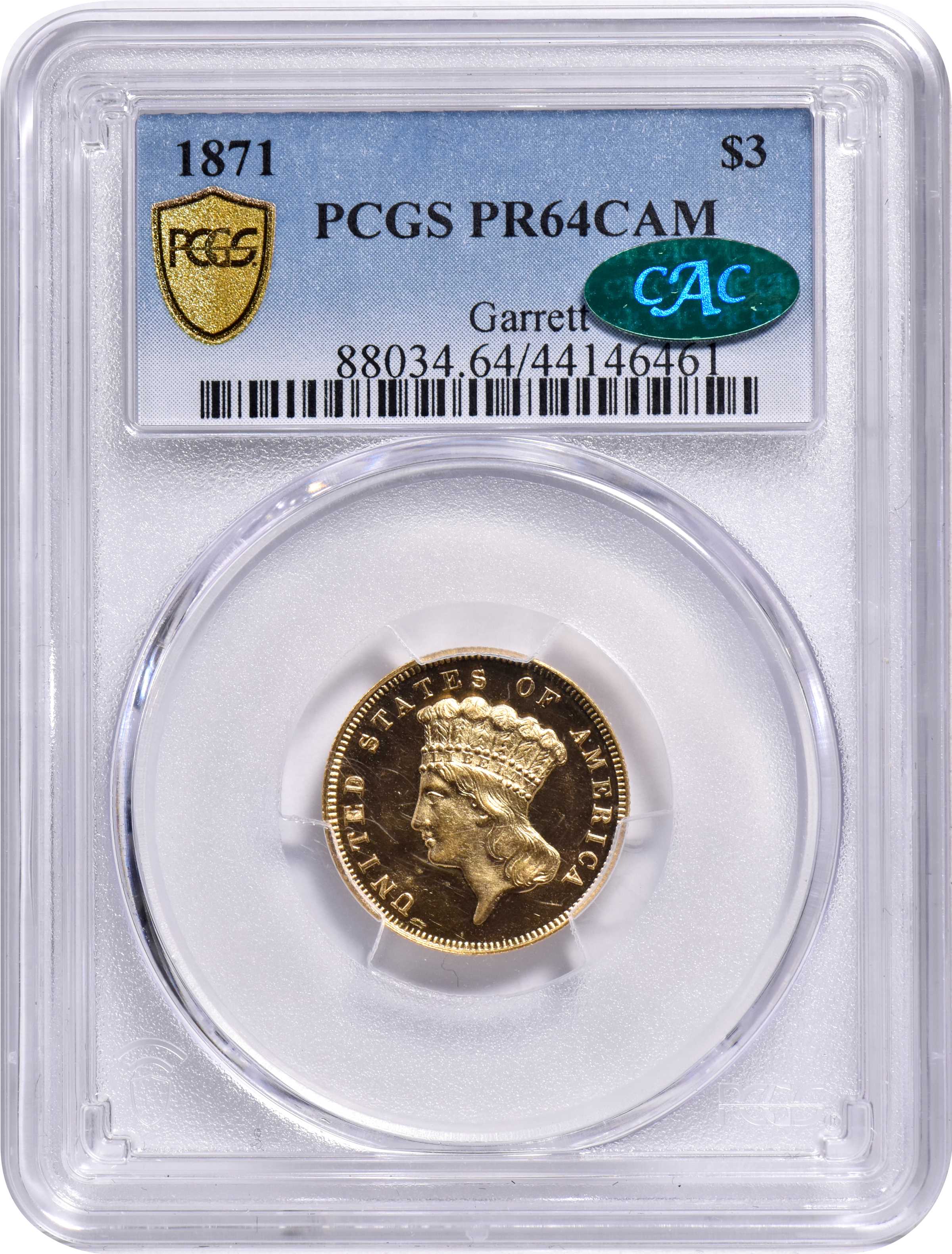 image for: 1871 Three-Dollar Gold Piece. JD-1, the only known dies. Rarity-6+. Proof-64 Cameo (PCGS). CAC.