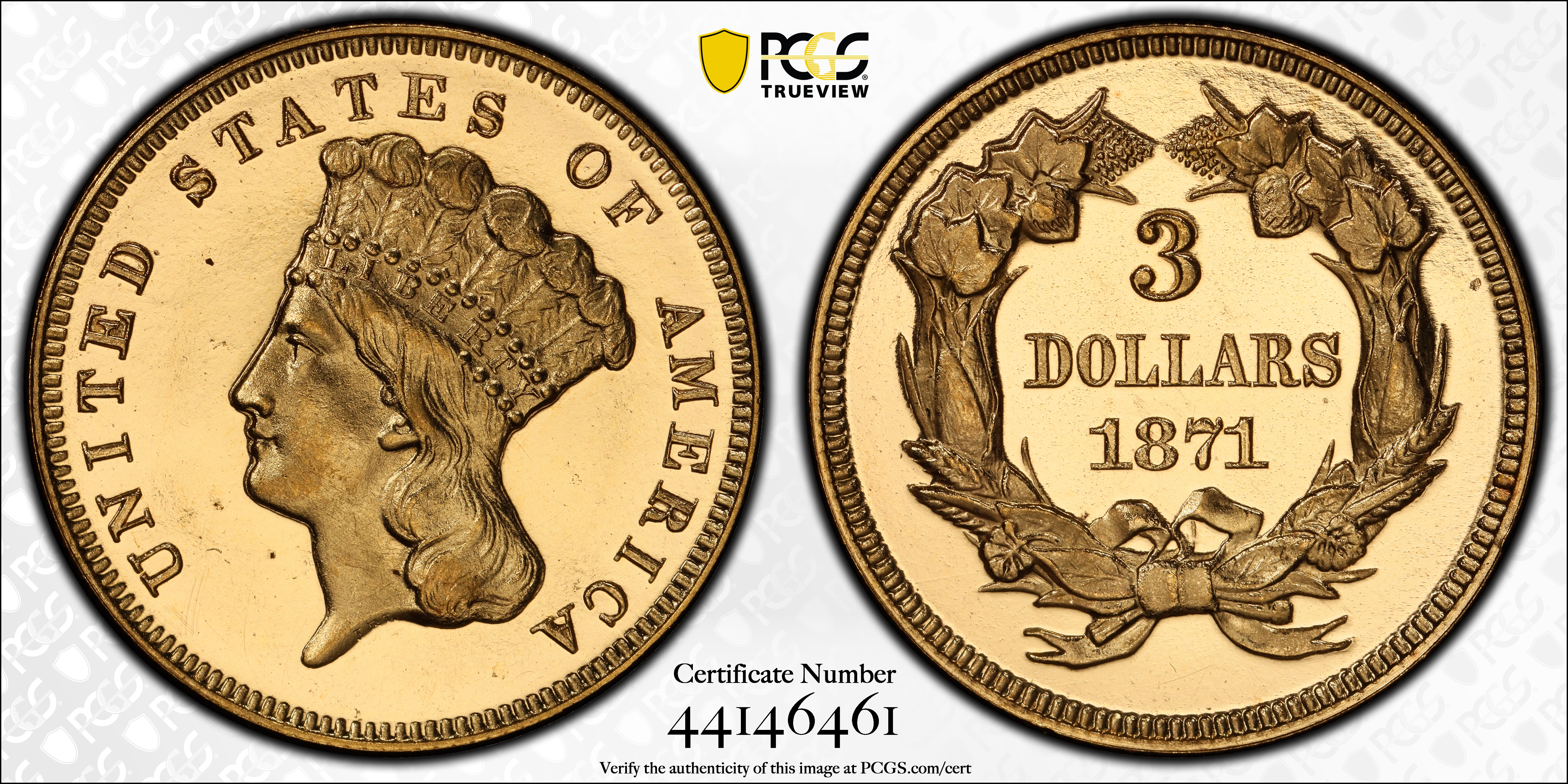 image for: 1871 Three-Dollar Gold Piece. JD-1, the only known dies. Rarity-6+. Proof-64 Cameo (PCGS). CAC.